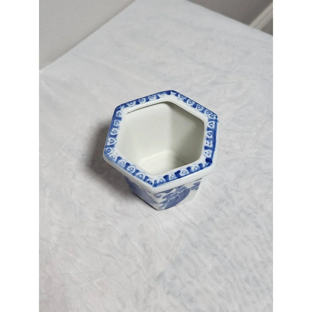 Blue and White Ceramic Hexagonal Planter Floral Chinoiserie Mini Succulent Pot